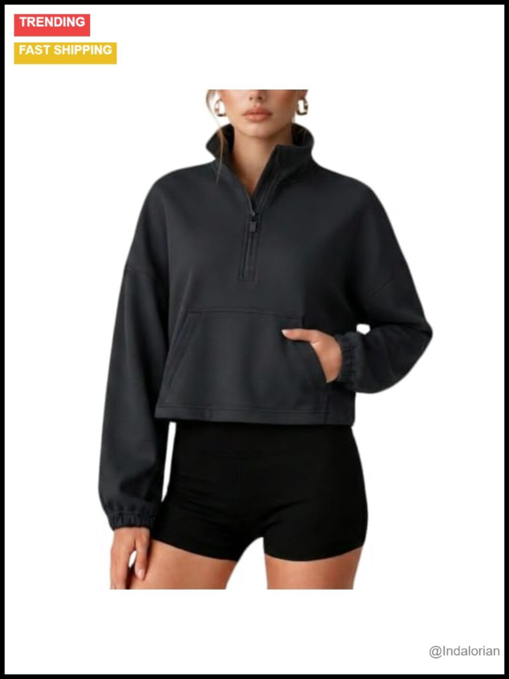 Cropped Quarter Zip Sweatshirt Mock Neck Pullover with Drawstring Hem